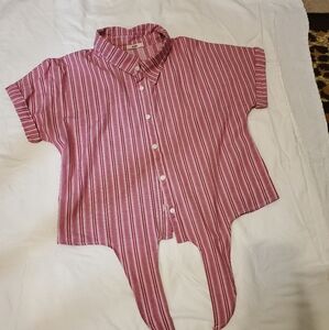 Francescas stripes button/tie to front pink blouse
